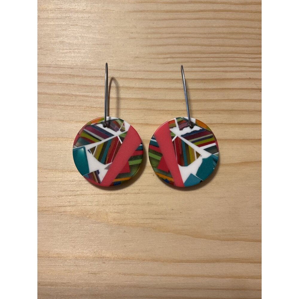 Colorful Geometric Acrylic Circle Earrings With Silver Hooks